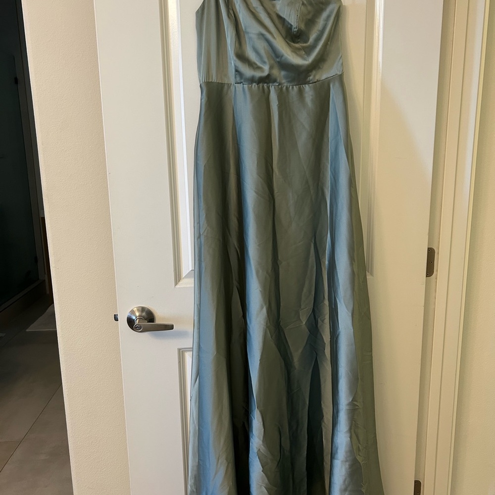 EUC Sage Satin Strapless Evening Gown